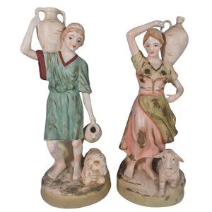 Vintage French-Style Water Bearer Man and Woman With Sheep Pastoral Figurines